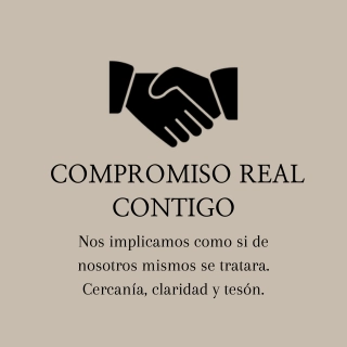 Cercanía, claridad y tesón Icono de apretón de manos y texto "Compromiso real contigo. Nos implicamos como si de nosotros mismos se tratara
