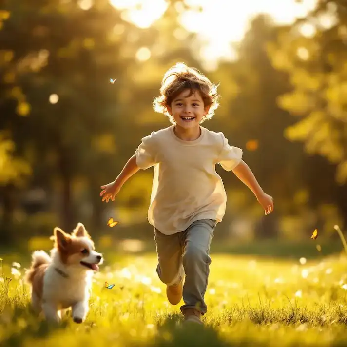 Niño corriendo feliz junto a su perro al atardecer, símbolo del bienestar infantil protegido por un abogado de custodia y protección de menores en Valladolid.