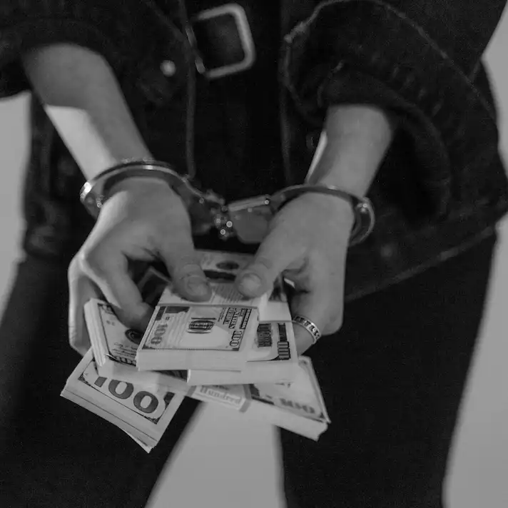 Abogado especialista en delitos económicos en Valladolid | Defensa y reclamación patrimonial Persona esposada sosteniendo fajos de billetes, en imagen en blanco y negro, simbolizando un delito económico.