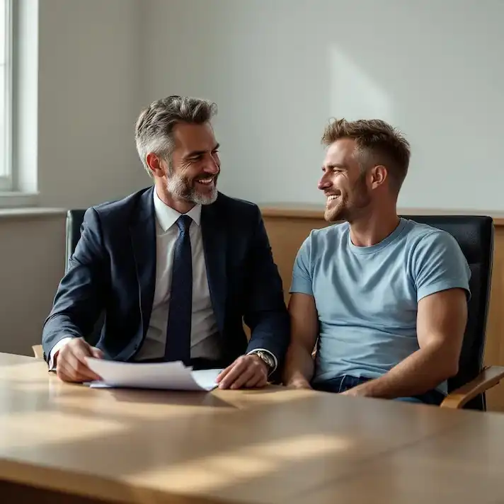 Abogado especialista en asistencia al detenido en Valladolid | Defensa inmediata en Comisaría y Juzgado Abogado y cliente conversando en un despacho tras una asistencia legal urgente en Valladolid.